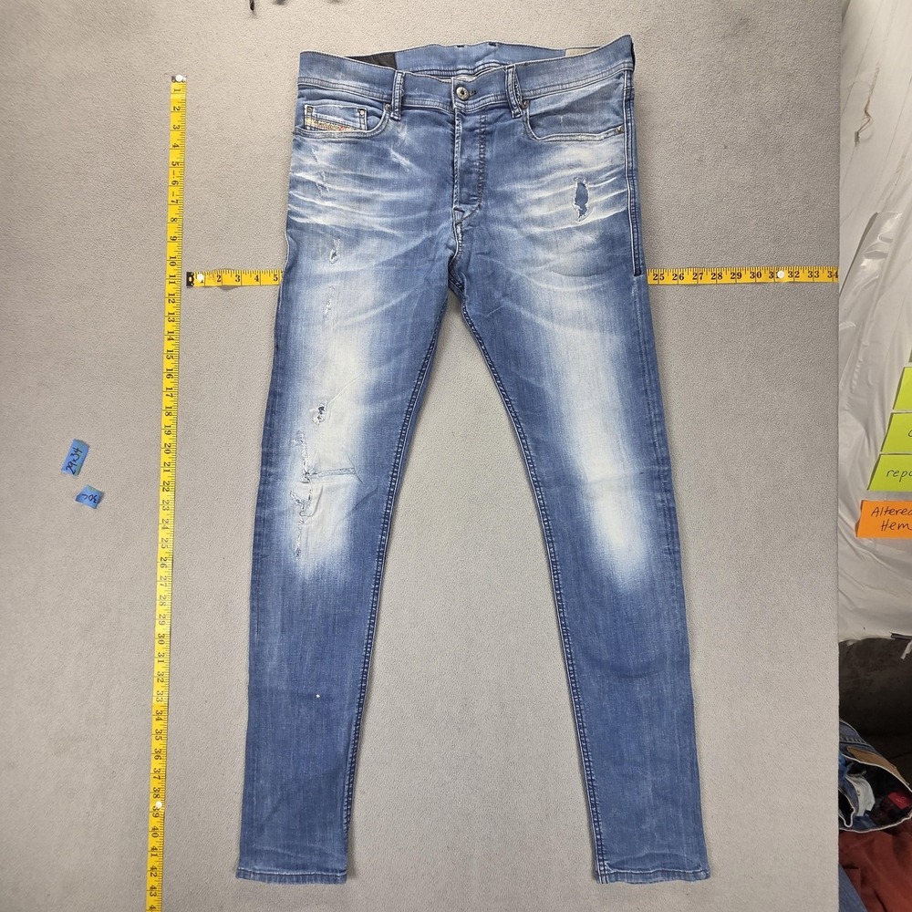 Diesel Jeans Mens 33x34 Blue Tepphar Slim Carrot Distressed Button Fly 0607P